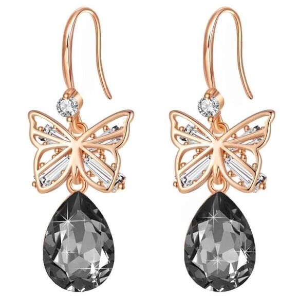 14K Rose Gold with Charcoal Gray Austrian Crystal Butterfly Teardrop Earrings